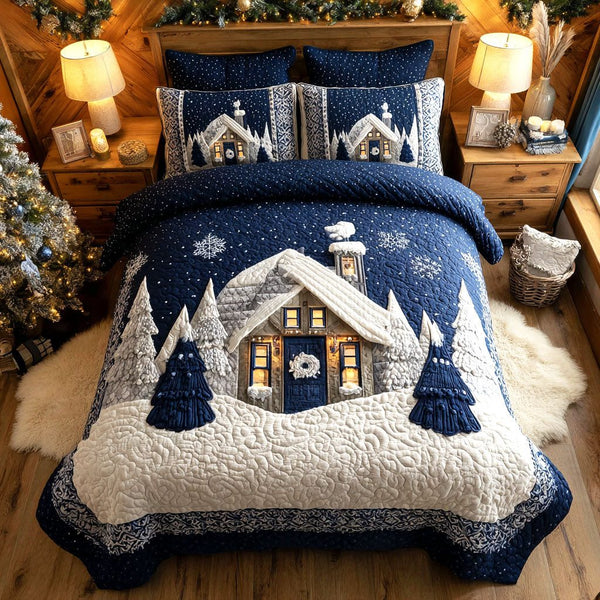 Snowy Cabin Nights quilted 3-piece bedding set on a made bed with two matching pillow shams