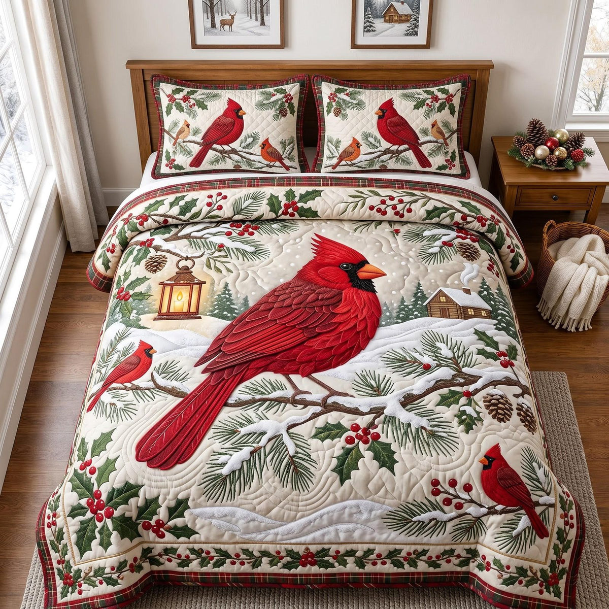 Snowy Cardinal quilted 3-piece bedding set on a made bed with two matching pillow shams