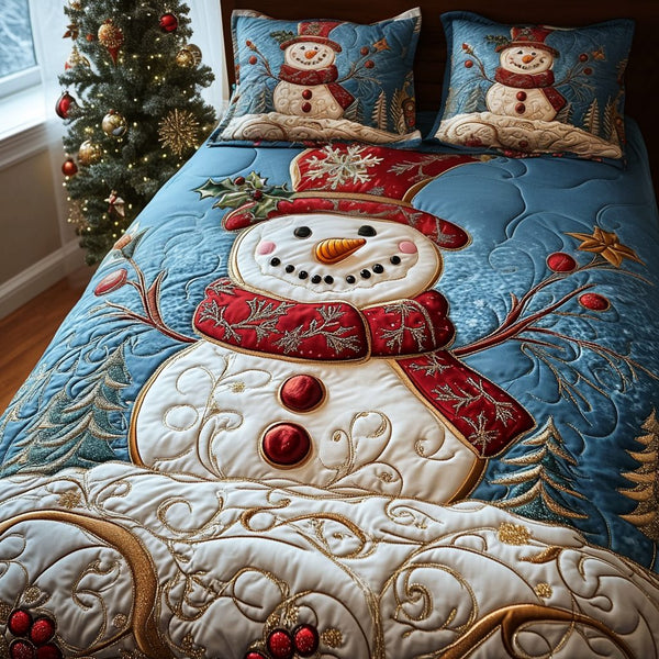 Snowy Cheer quilted 3-piece bedding set on a made bed with two matching pillow shams