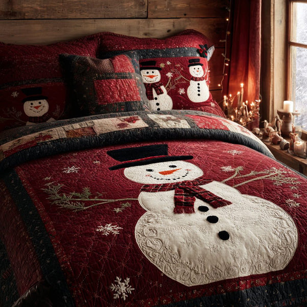 Snowy Cheer quilted 3-piece bedding set on a made bed with two matching pillow shams