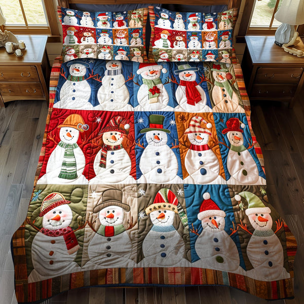 Snowy Cheer quilted 3-piece bedding set on a made bed with two matching pillow shams