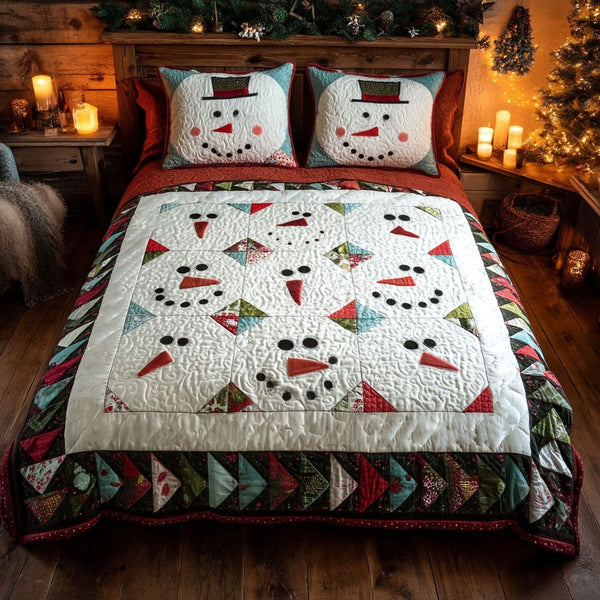 Snowy Cheer quilted 3-piece bedding set on a made bed with two matching pillow shams