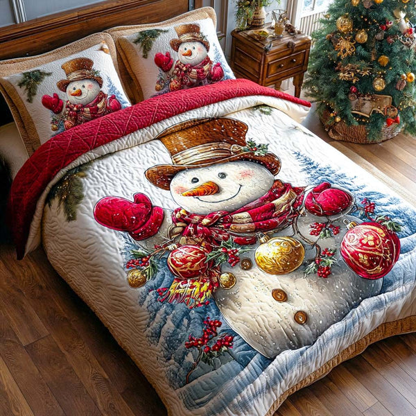 Snowy Cheer quilted 3-piece bedding set on a made bed with two matching pillow shams
