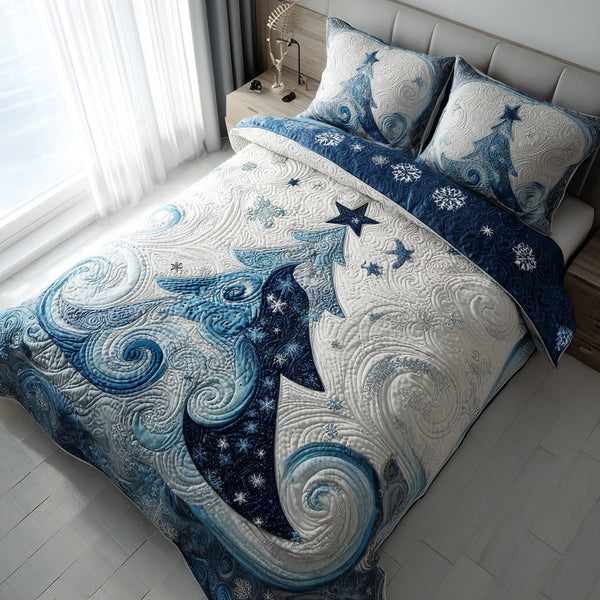 Snowy Christmas Trees quilted 3-piece bedding set on a made bed in a winter-styled bedroom