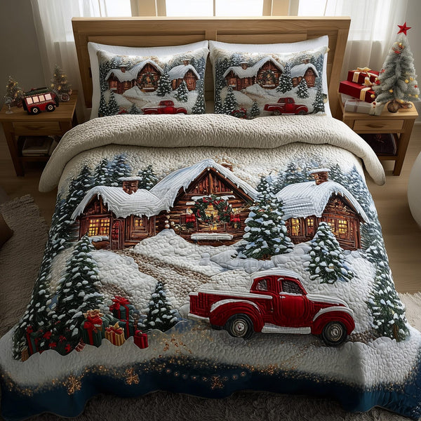 Snowy Christmas Village quilted 3-piece bedding set on a made bed in a winter-styled bedroom