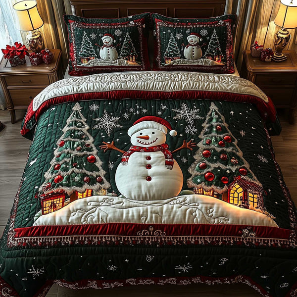 Snowy Companions quilted 3-piece bedding set on a made bed with two matching pillow shams
