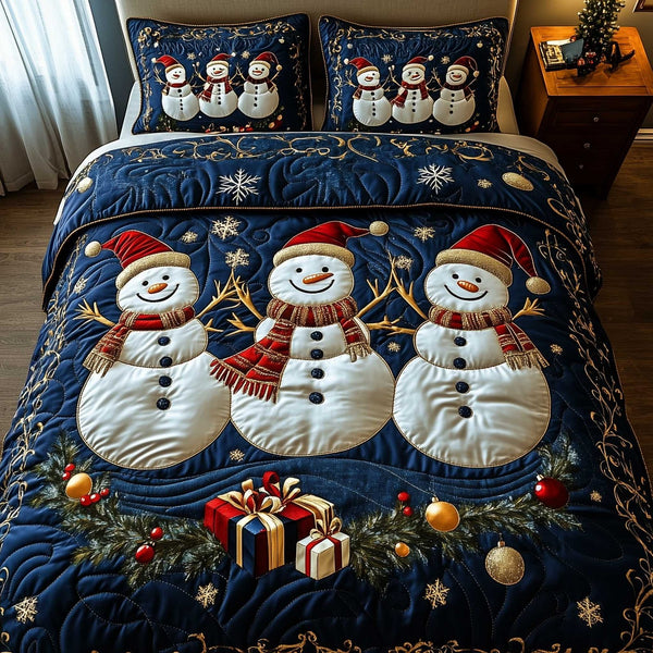 Snowy Companions quilted 3-piece bedding set on a made bed with two matching pillow shams