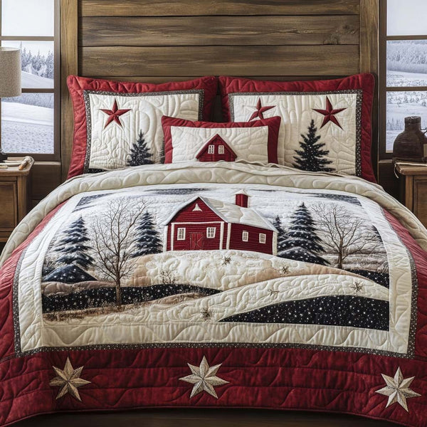 Snowy Cottage quilted 3-piece bedding set on a made bed in a farmhouse bedroom