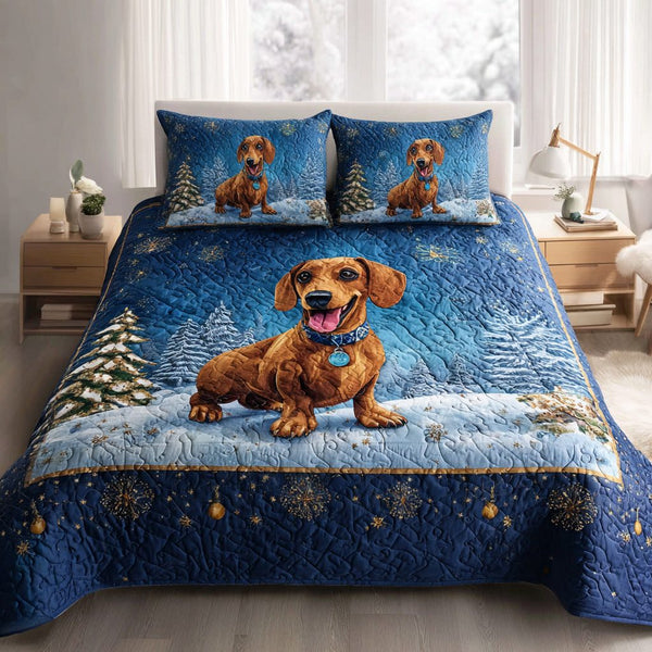 Snowy Dachshund Charm quilted 3-piece bedding set on a made bed with two matching pillow shams