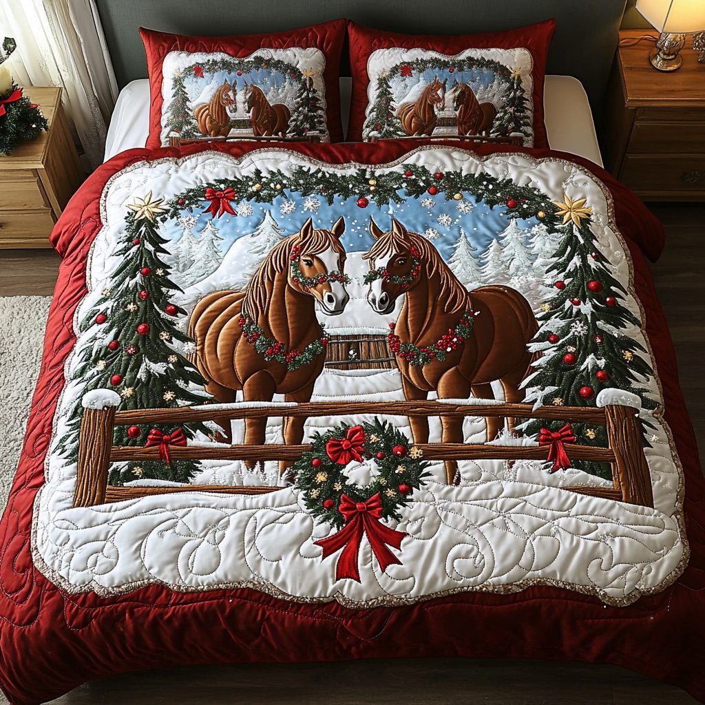 Snowy Duo quilted 3-piece bedding set on a made bed with two matching pillow shams