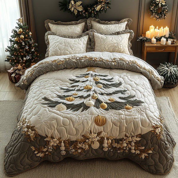 Snowy Elegance quilted 3-piece bedding set on a made bed with two matching pillow shams