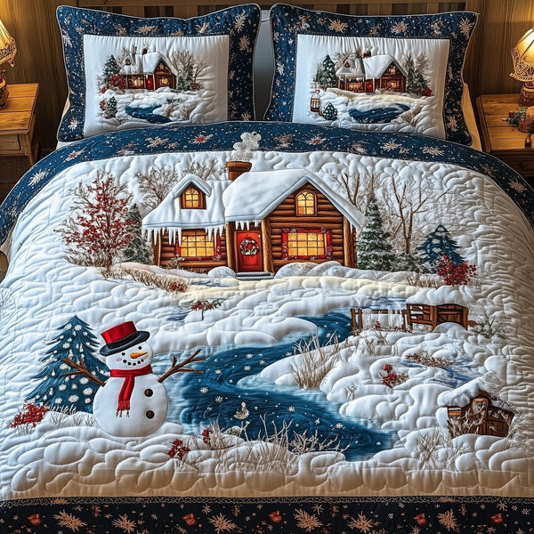 Snowy Farm quilted 3-piece bedding set on a made bed with two matching pillow shams