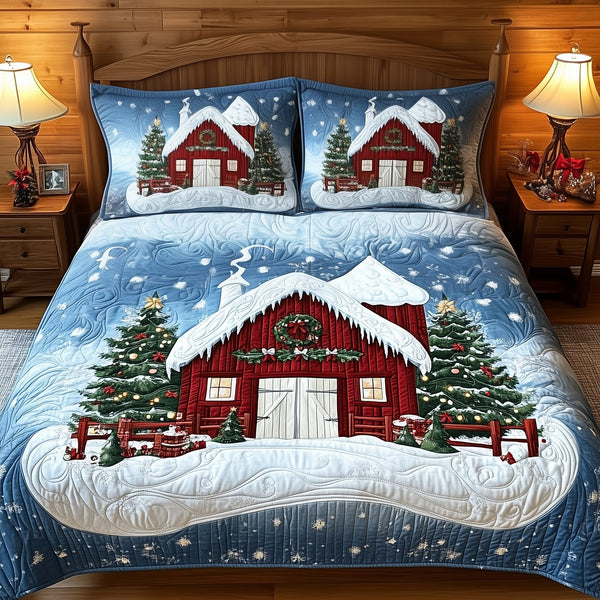 Snowy Farmhouse Barn quilted 3-piece bedding set on a made bed in a farmhouse bedroom