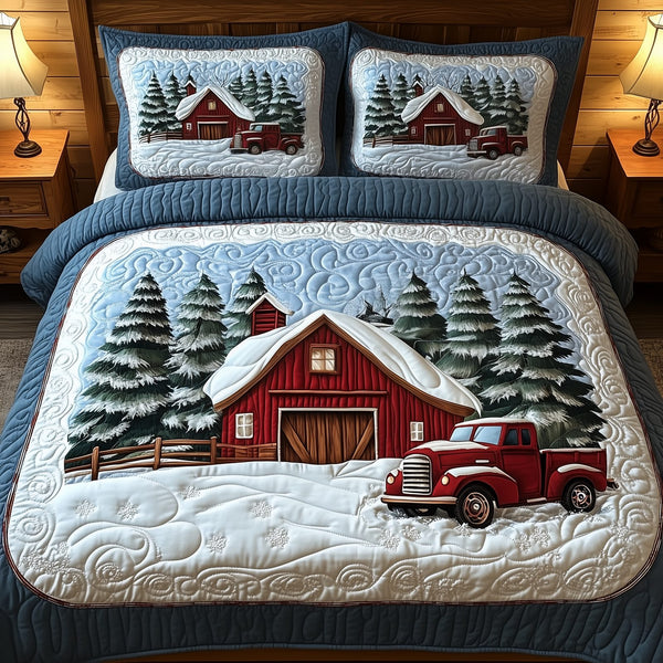 Snowy Farmhouse Barn quilted 3-piece bedding set on a made bed in a farmhouse bedroom