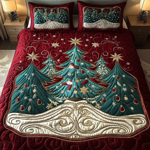 Snowy Forest quilted 3-piece bedding set on a made bed with two matching pillow shams