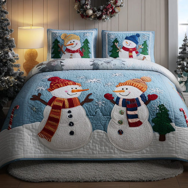 Snowy Friends quilted 3-piece bedding set on a made bed with two matching pillow shams
