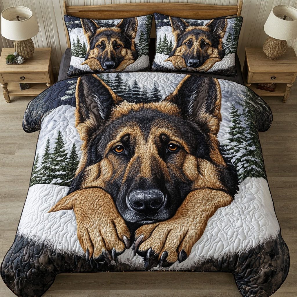 Snowy Gaze quilted 3-piece bedding set on a made bed with two matching pillow shams