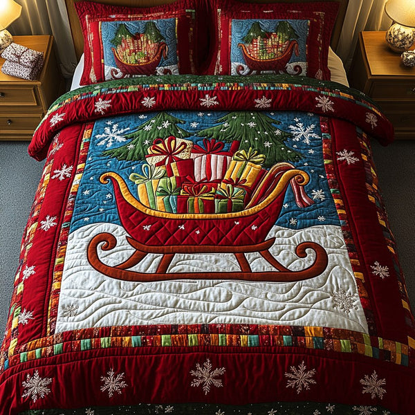 Snowy Gifts quilted 3-piece bedding set on a made bed with two matching pillow shams