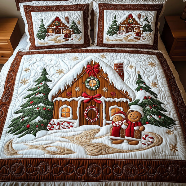 Snowy Gingerbread Nights quilted 3-piece bedding set on a made bed in a winter-styled bedroom