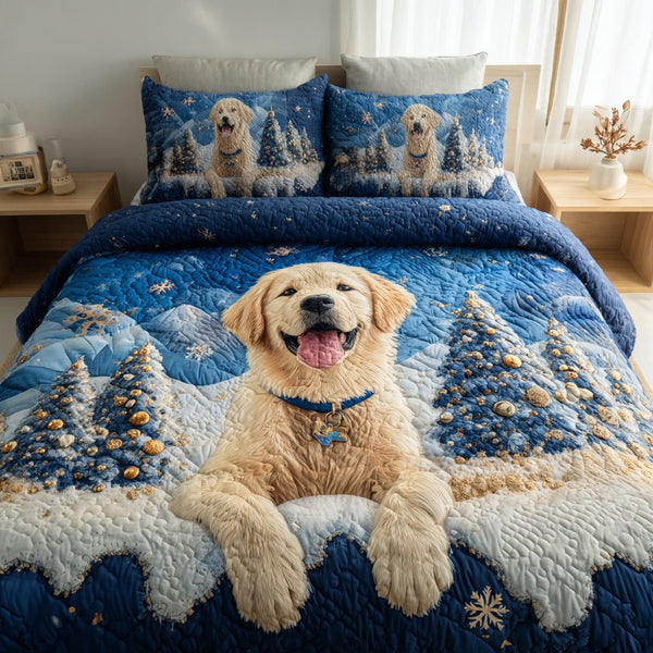 Snowy Golden Retriever quilted 3-piece bedding set on a made bed with two matching pillow shams