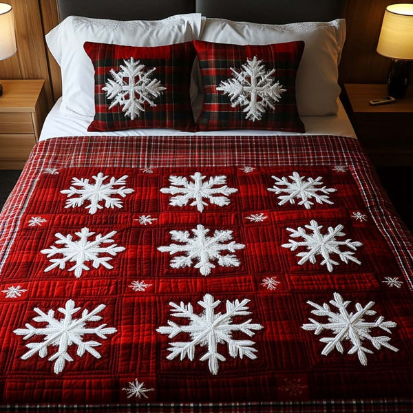 Snowy Grid quilted 3-piece bedding set on a made bed with two matching pillow shams