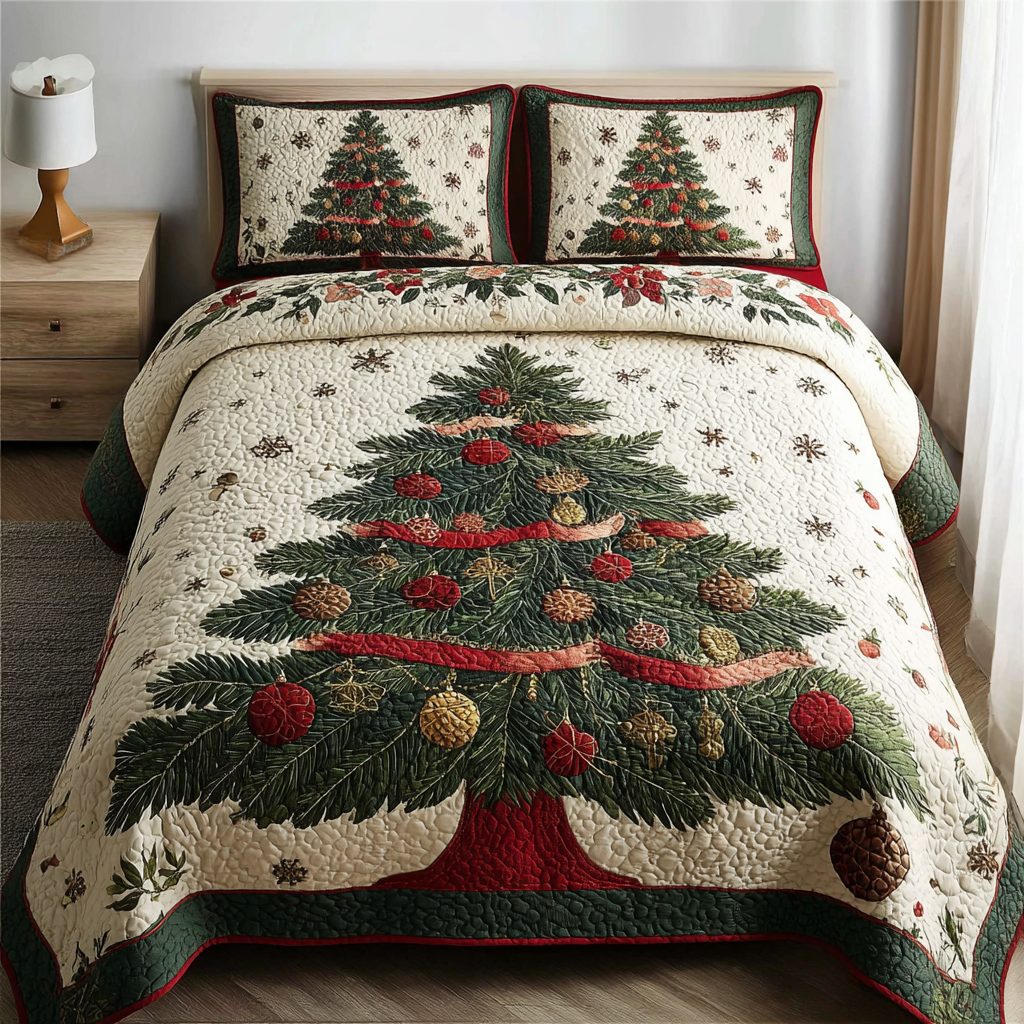 Snowy Grove quilted 3-piece bedding set on a made bed with two matching pillow shams