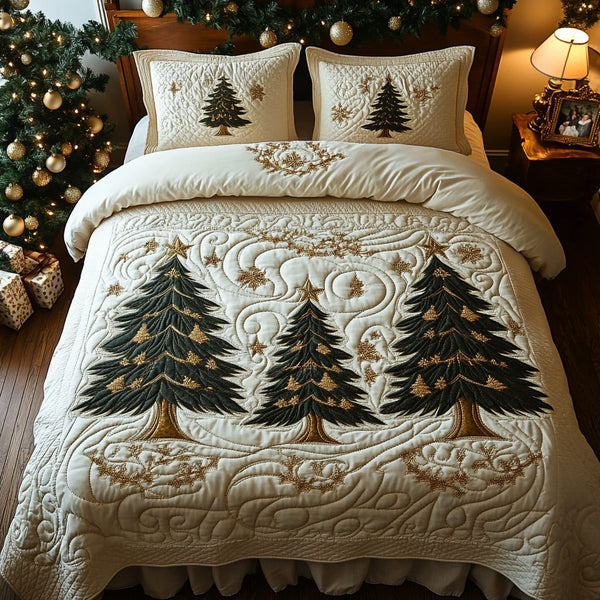 Snowy Grove quilted 3-piece bedding set on a made bed with two matching pillow shams