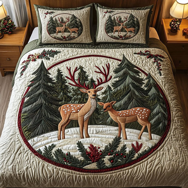 Snowy Haven quilted 3-piece bedding set on a made bed with two matching pillow shams