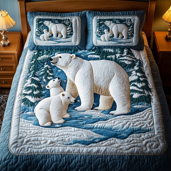 Snowy Haven quilted 3-piece bedding set on a made bed with two matching pillow shams