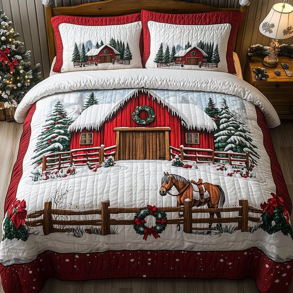 Snowy Horse Farmhouse quilted 3-piece bedding set on a made bed in a rustic timber bedroom
