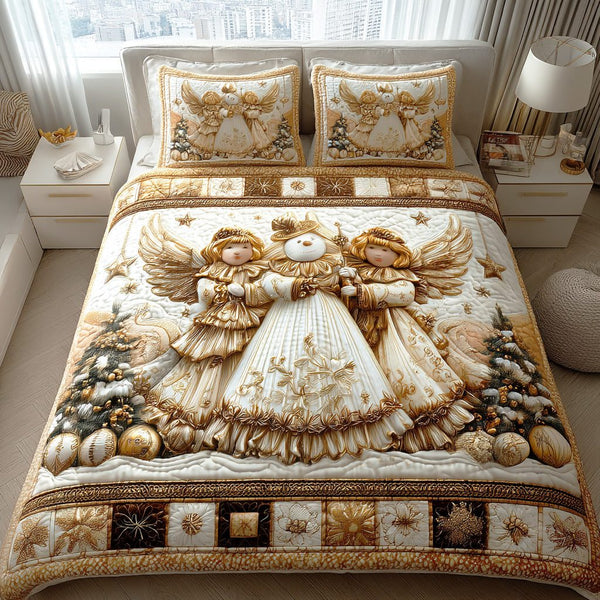 Snowy Night Cheer quilted 3-piece bedding set on a made bed with two matching pillow shams