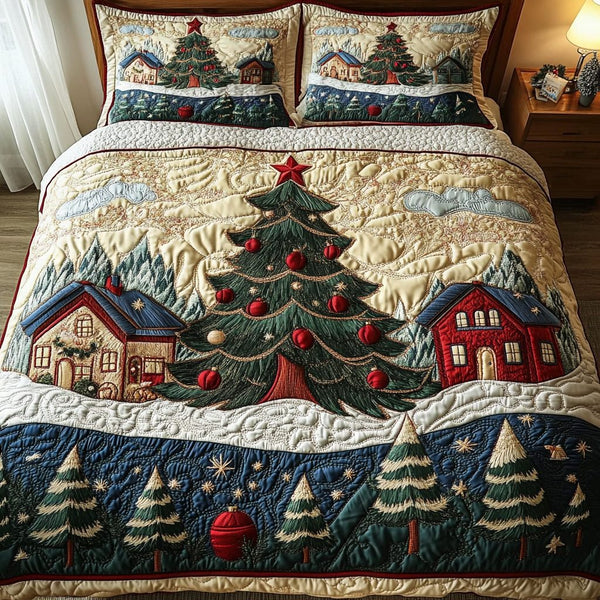 Snowy Night quilted 3-piece bedding set on a made bed with two matching pillow shams