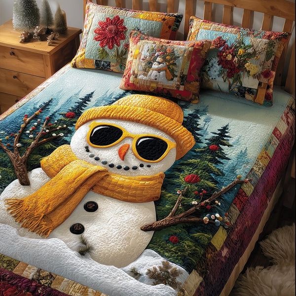 Snowy Night quilted 3-piece bedding set on a made bed with two matching pillow shams