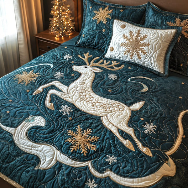 Snowy Nights Reindeer quilted 3-piece bedding set on a made bed in a winter-styled bedroom