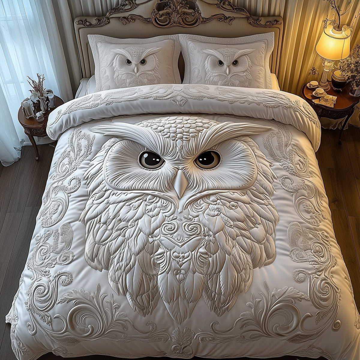 Snowy Owl quilted 3-piece bedding set on a made bed with two matching pillow shams
