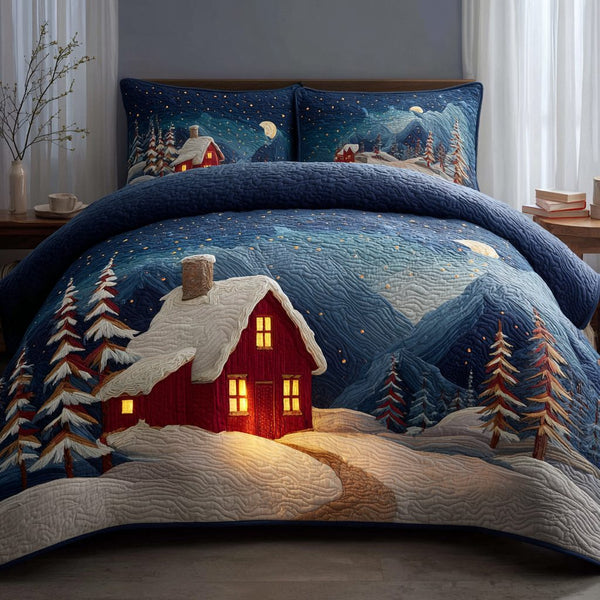Snowy Path quilted 3-piece bedding set on a made bed with two matching pillow shams