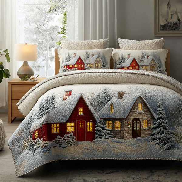 Snowy Path quilted 3-piece bedding set on a made bed with two matching pillow shams