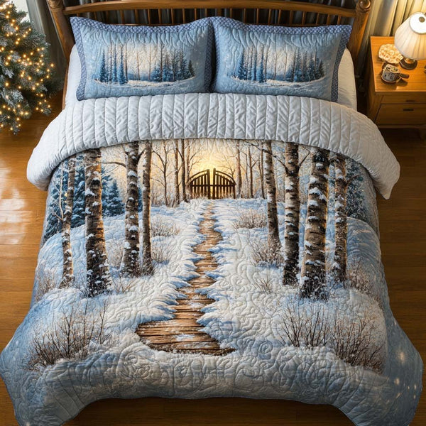 Snowy Path quilted 3-piece bedding set on a made bed with two matching pillow shams