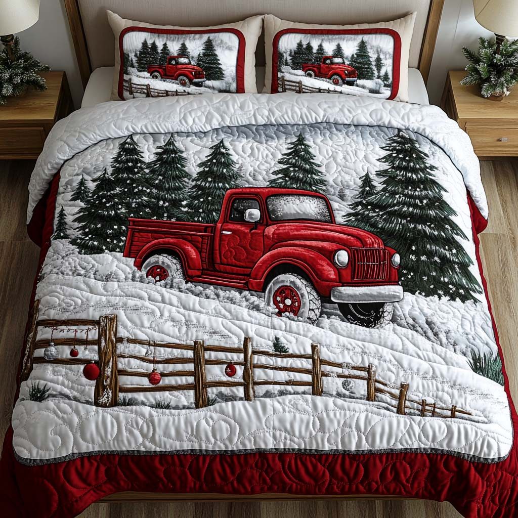 Snowy Pathway quilted 3-piece bedding set on a made bed with two matching pillow shams