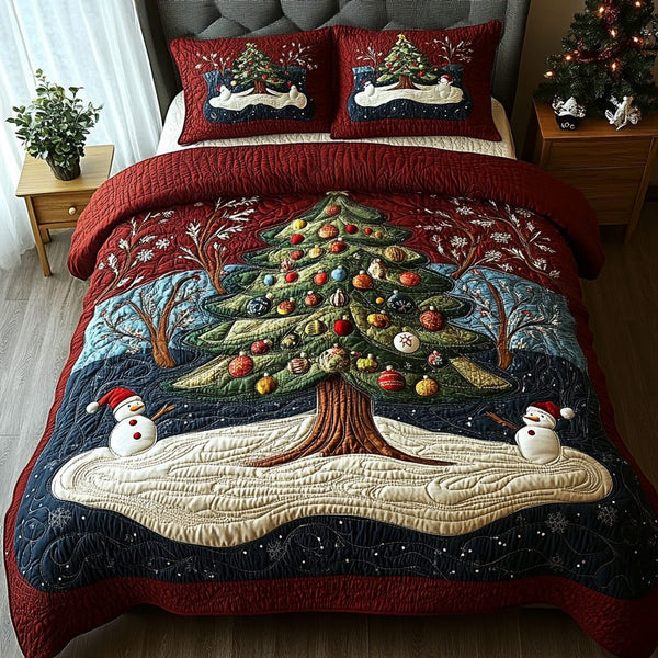Snowy Pine quilted 3-piece bedding set on a made bed with two matching pillow shams