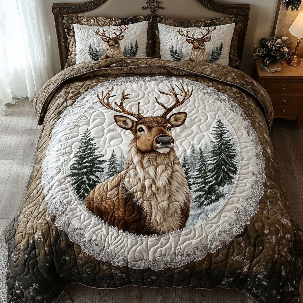 Snowy Pines Protector quilted 3-piece bedding set on a made bed with two matching pillow shams