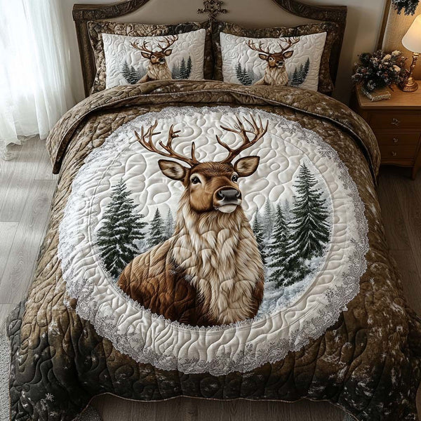 Snowy Pines Protector quilted 3-piece bedding set on a made bed with two matching pillow shams