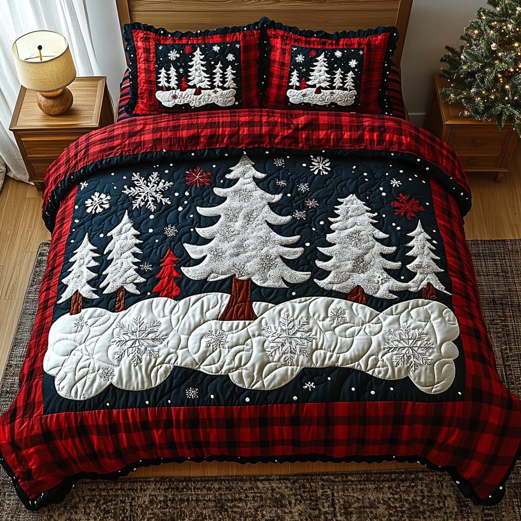 Snowy Pines quilted 3-piece bedding set on a made bed with two matching pillow shams