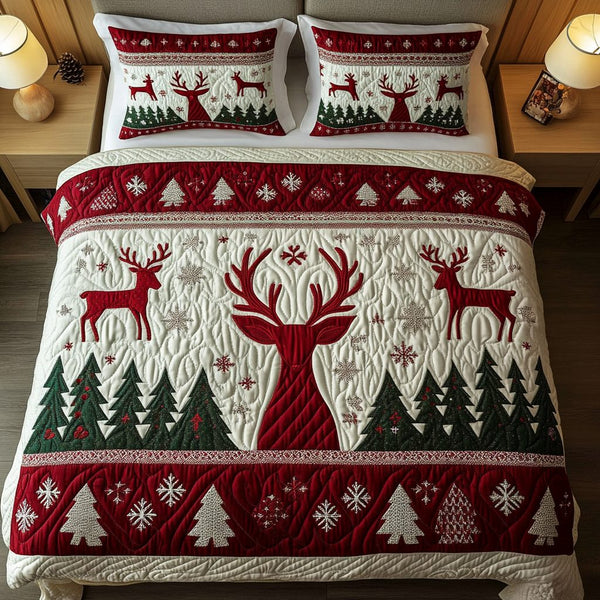 Snowy Pines quilted 3-piece bedding set on a made bed with two matching pillow shams