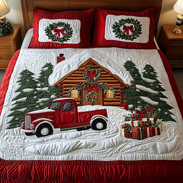 Snowy Pines quilted 3-piece bedding set on a made bed with two matching pillow shams