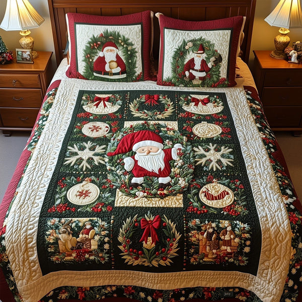 Snowy Pinescape quilted 3-piece bedding set on a made bed with two matching pillow shams
