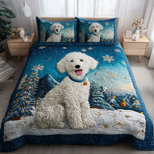Snowy Poodle quilted 3-piece bedding set on a made bed with two matching pillow shams