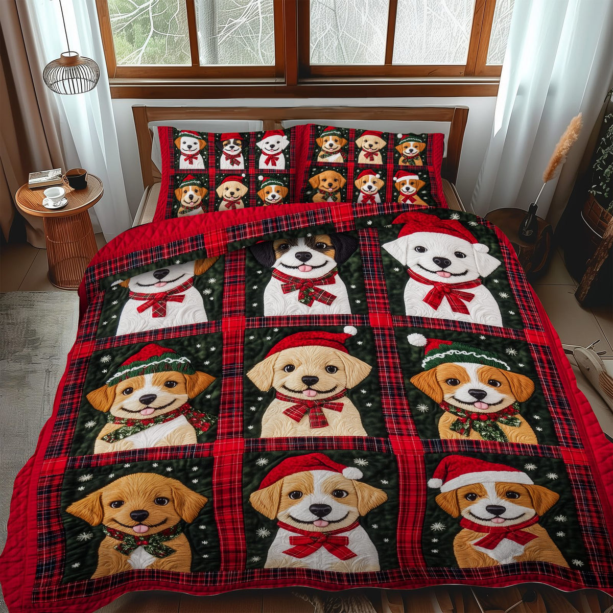 Snowy Puppy Cuddles quilted 3-piece bedding set on a made bed with two matching pillow shams
