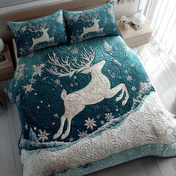 Snowy Reindeer Spirit quilted 3-piece bedding set on a made bed in a winter-styled bedroom