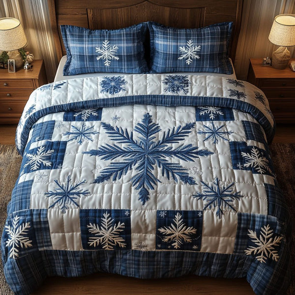 Snowy Road Magic quilted 3-piece bedding set on a made bed with two matching pillow shams